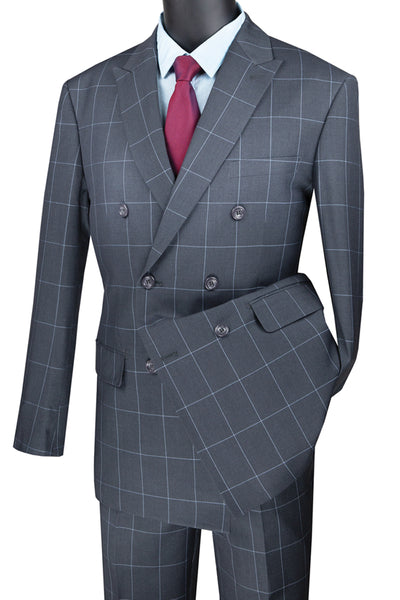 Mens Double Breasted Bold Windowpane Plaid Suit in Grey