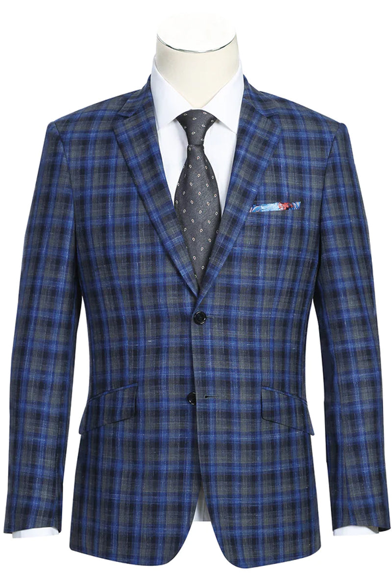 Mens Slim Fit Two Button Wool Sport Coat Blazer in Navy Blue & Grey Windowpane Plaid