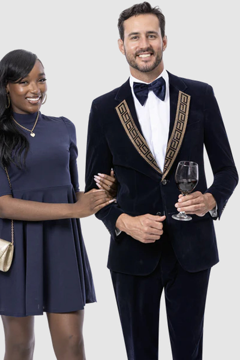 Mens Modern Fit Velvet Tuxedo Suit with Gold Sequin Lapel Embellishment in Navy Blue