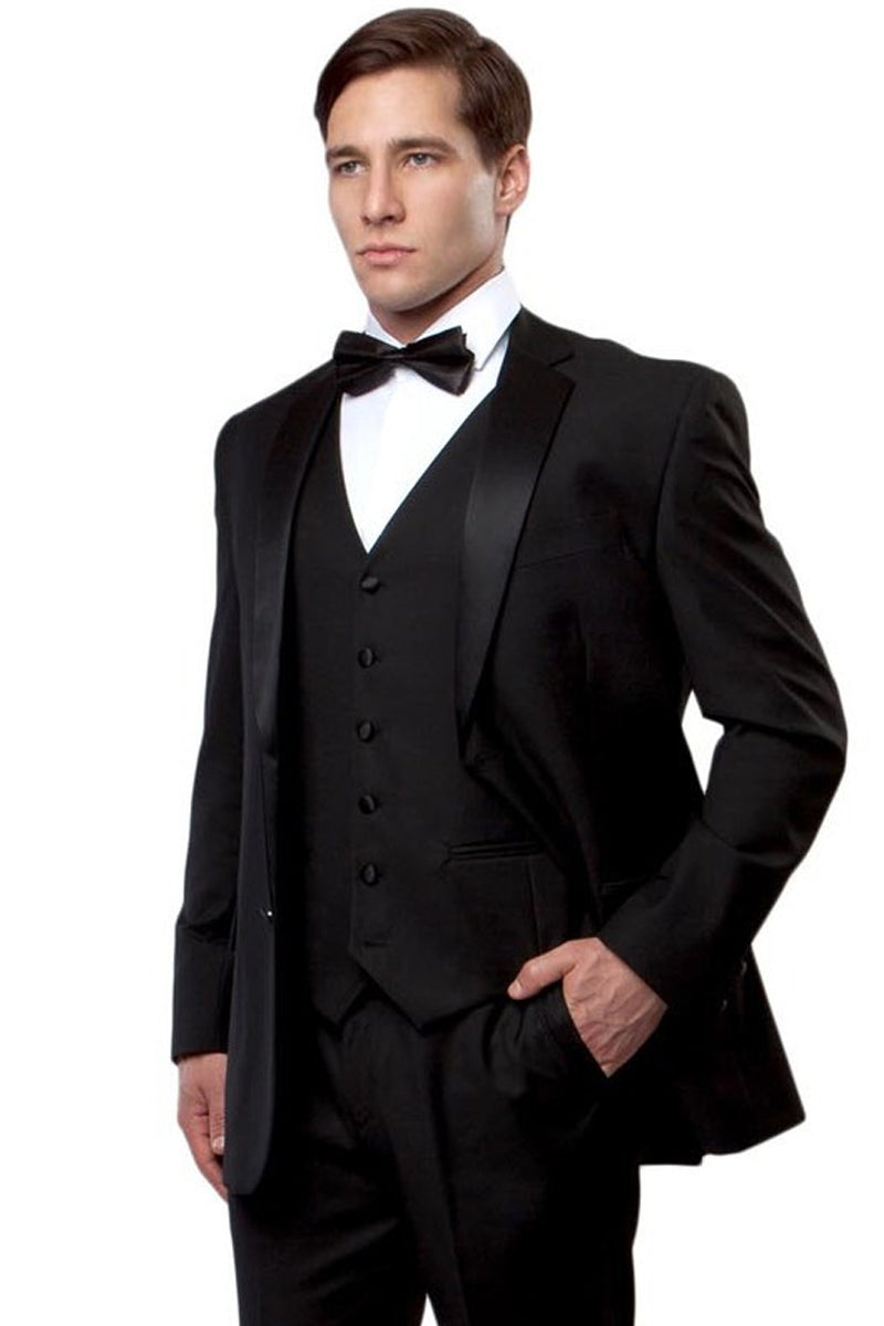 Men's Slim Fit Two Button Vested Notch Tuxedo in Black