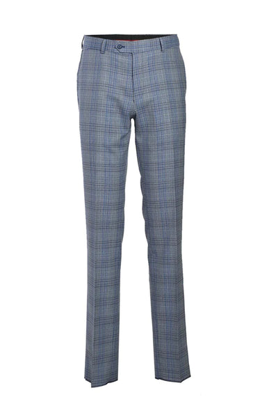 Mens Designer Two Button Slim Fit Notch Lapel Wool Suit in Light Grey & Blue Windowpane Plaid