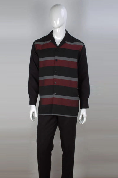 Mens Long Sleeve Casual Leisure Walking Suit in Black & Red Horizontal Stripe