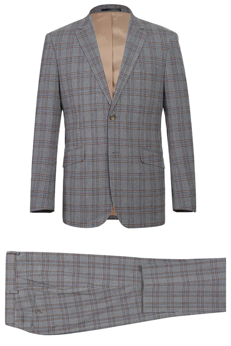 Mens Two Button Slim Fit Two Piece Suit in Grey & Bronze Windowpane Plaid