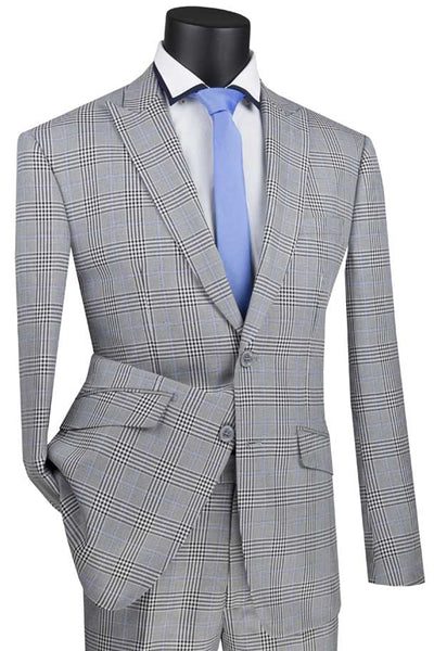 Mens 2 Button Modern Fit Peak Lapel Plaid Suit in Grey