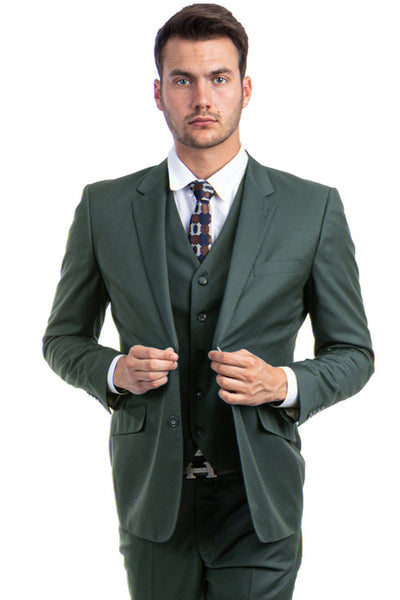 Men's Designer Two Button Modern Fit Vested Wool Suit in Olive Green
