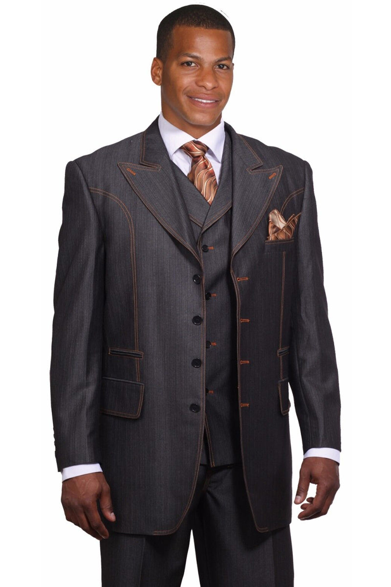 Mens Vested 4 Button Wide Peak Lapel Denim Blue Jeans Suit in Black ...