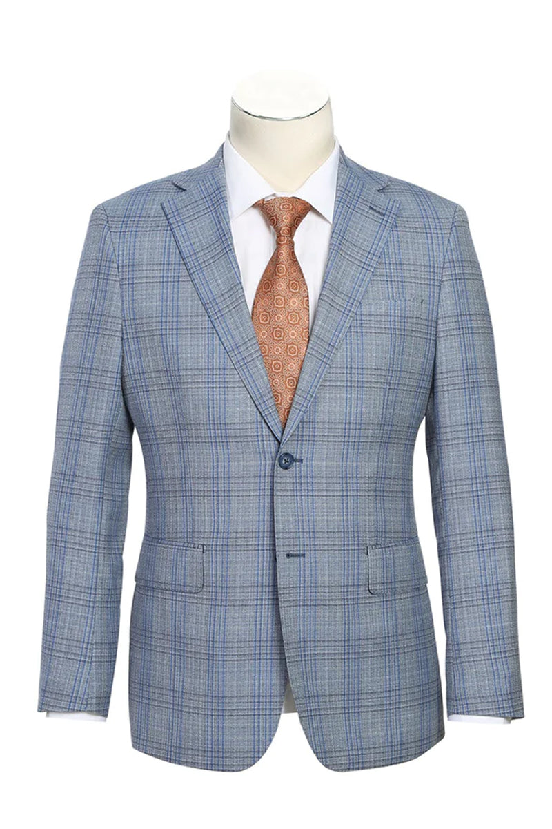 Mens English Laundry Two Button Slim Fit Notch Lapel Wool Suit in Light Grey & Blue Windowpane Plaid
