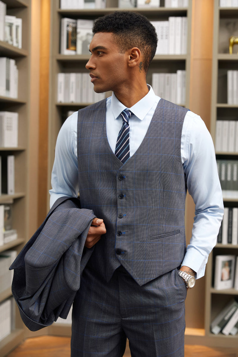 Men's Stacy Adam's One Button Vested Peak Lapel Suit in Grey & Blue Windowpane Plaid