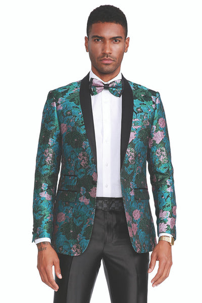Men's Slim Fit Shawl Lapel Paisley Floral Prom Tuxedo in Green & Pink