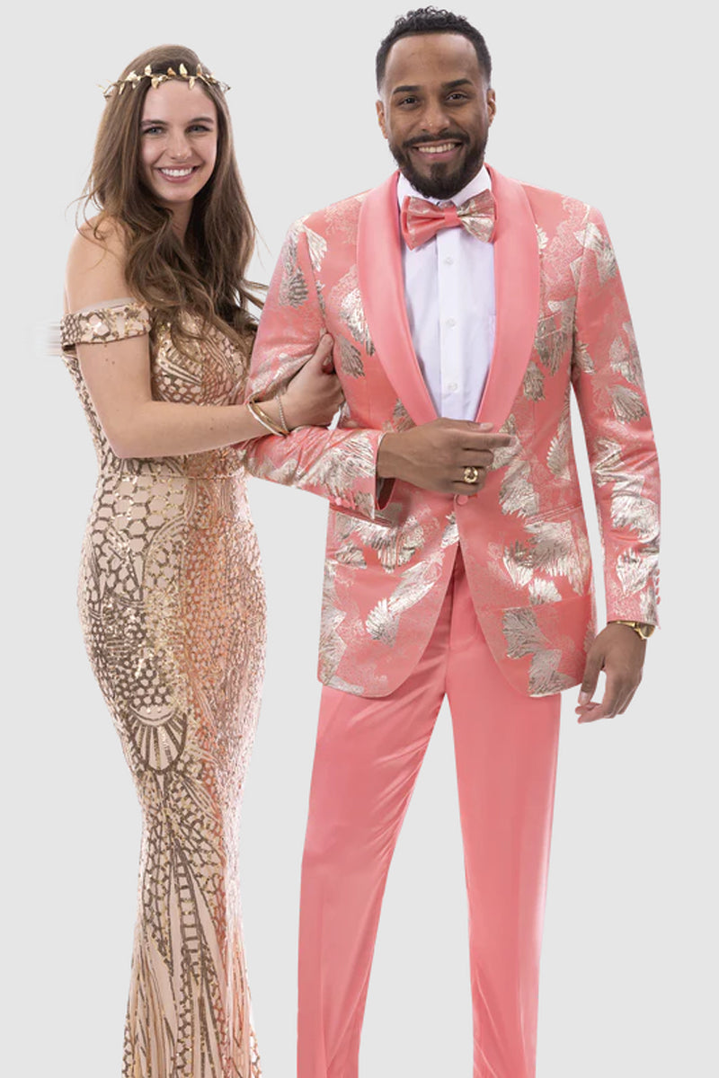 Mens Slim Fit Two Piece Shiny Shell Print Prom Tuxedo in Salmon Pink