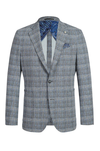 Mens Two Button Slim Fit Unconstructed Summer Blazer in Grey & Blue Windowpane Plaid