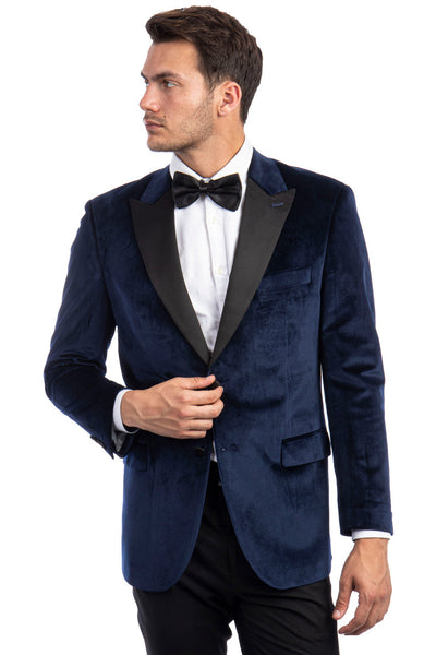 Men's Two Button Peak Lapel Velvet Wedding & Prom Tuxedo Jacket in Navy Blue
