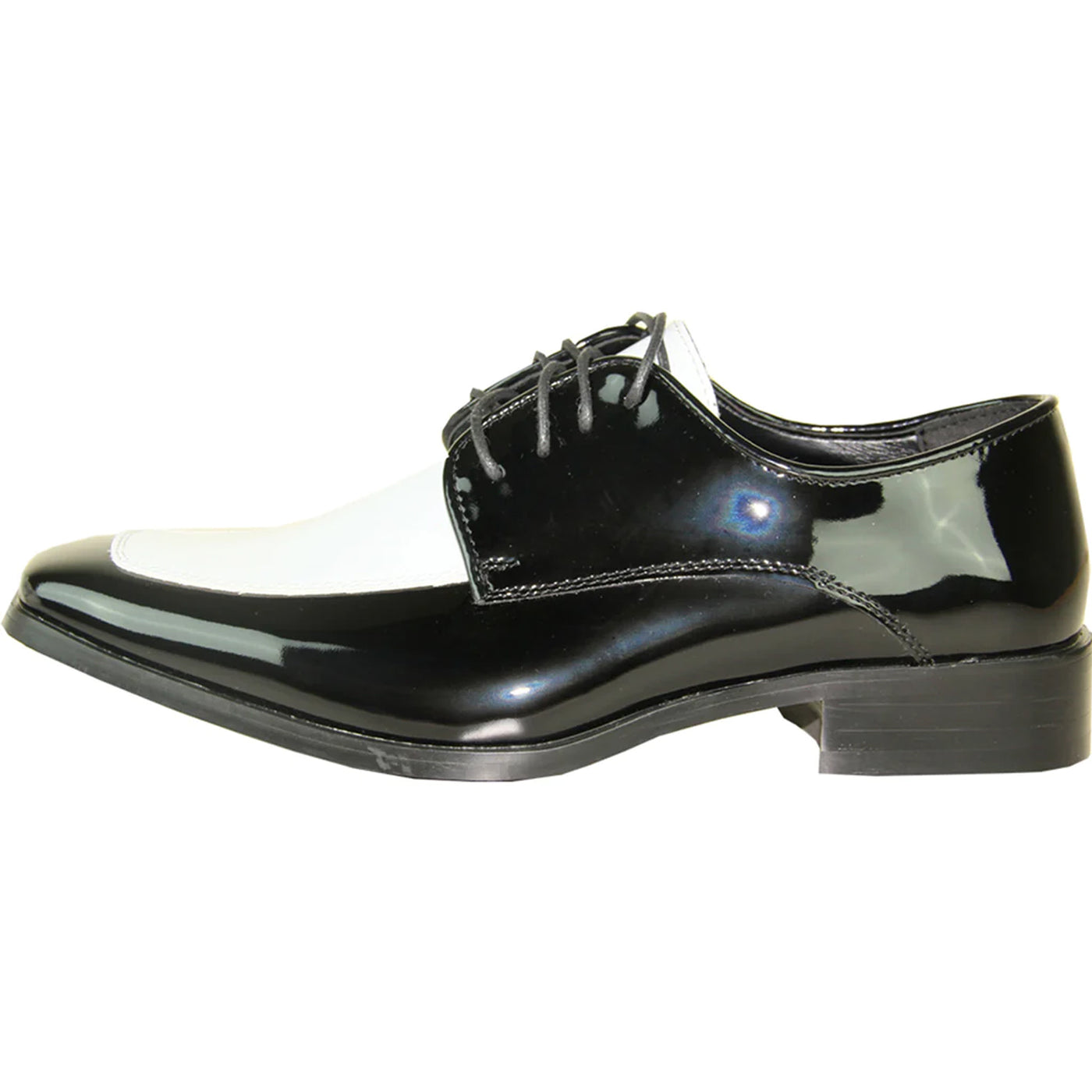 Mens Classic Moc Toe Shiny Patent Tuxedo Prom Shoe in Black & White