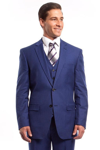 Men's Two Button Vested Business Suit in French Blue Pinstripe