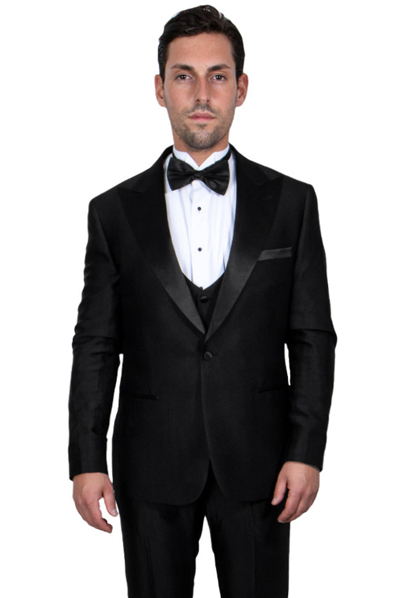 Men's Stacy Adams Vested One Button Peak Lapel Tuxedo in Black