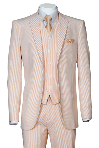 Mens 2 Button Vested Summer Seersucker Suit in Peach