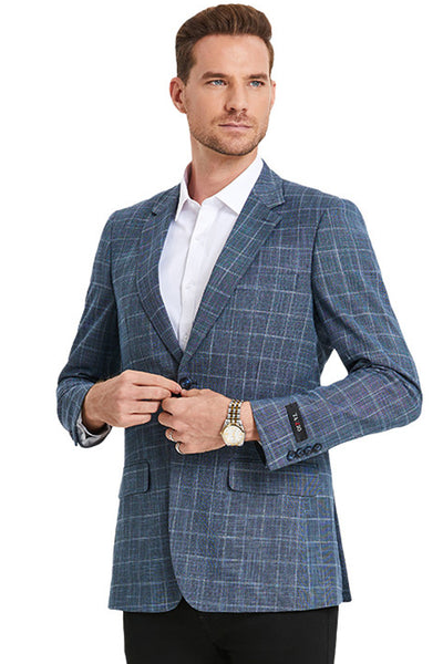Men's Slim Fit Business Casual Windowpane Plaid Sport Coat in Denim Blue