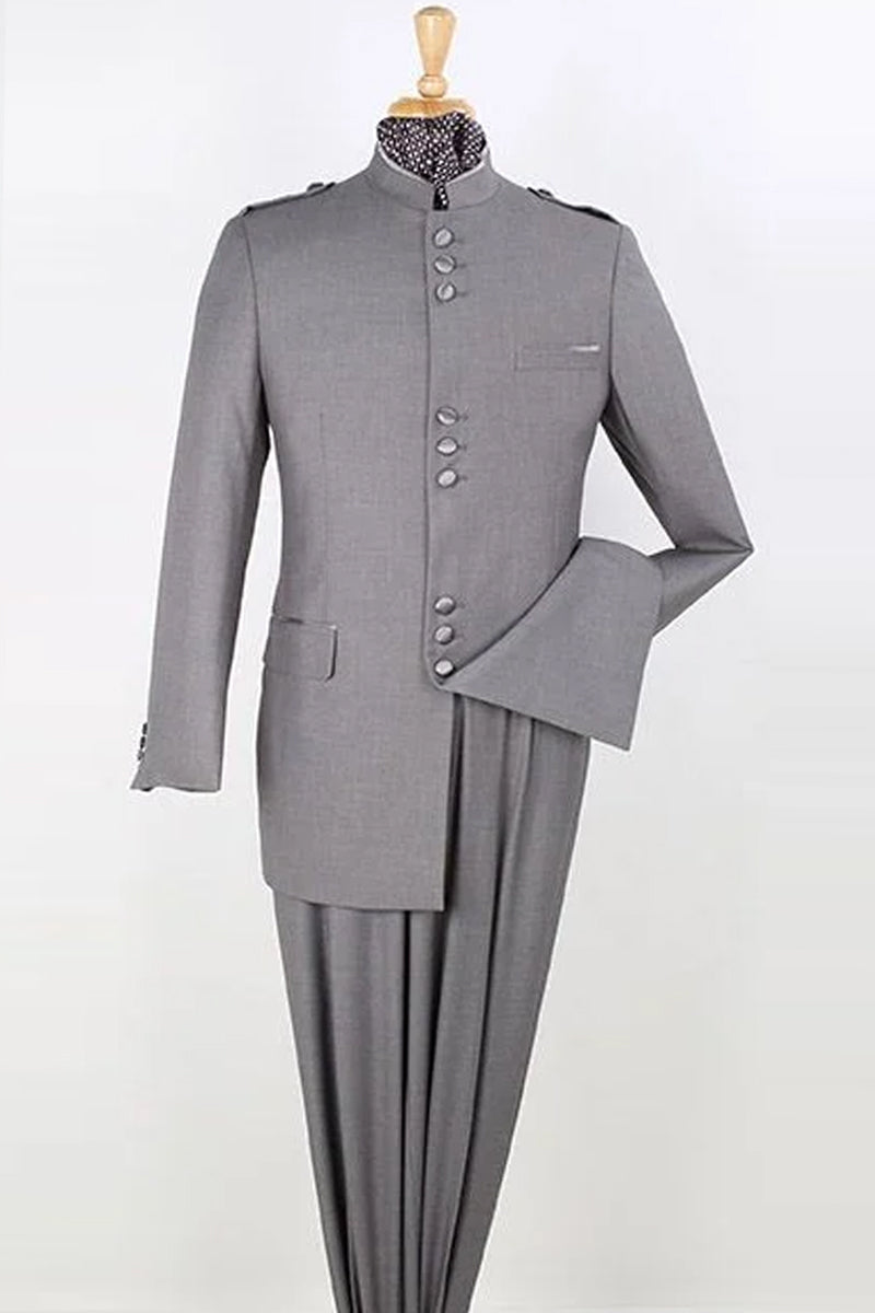 Mens Classic Military Banded Collar Mandarin Safari Suit in Light Grey ...