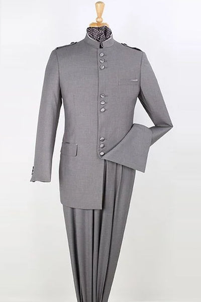 Mens Classic Military Banded Collar Mandarin Safari Suit in Light Grey