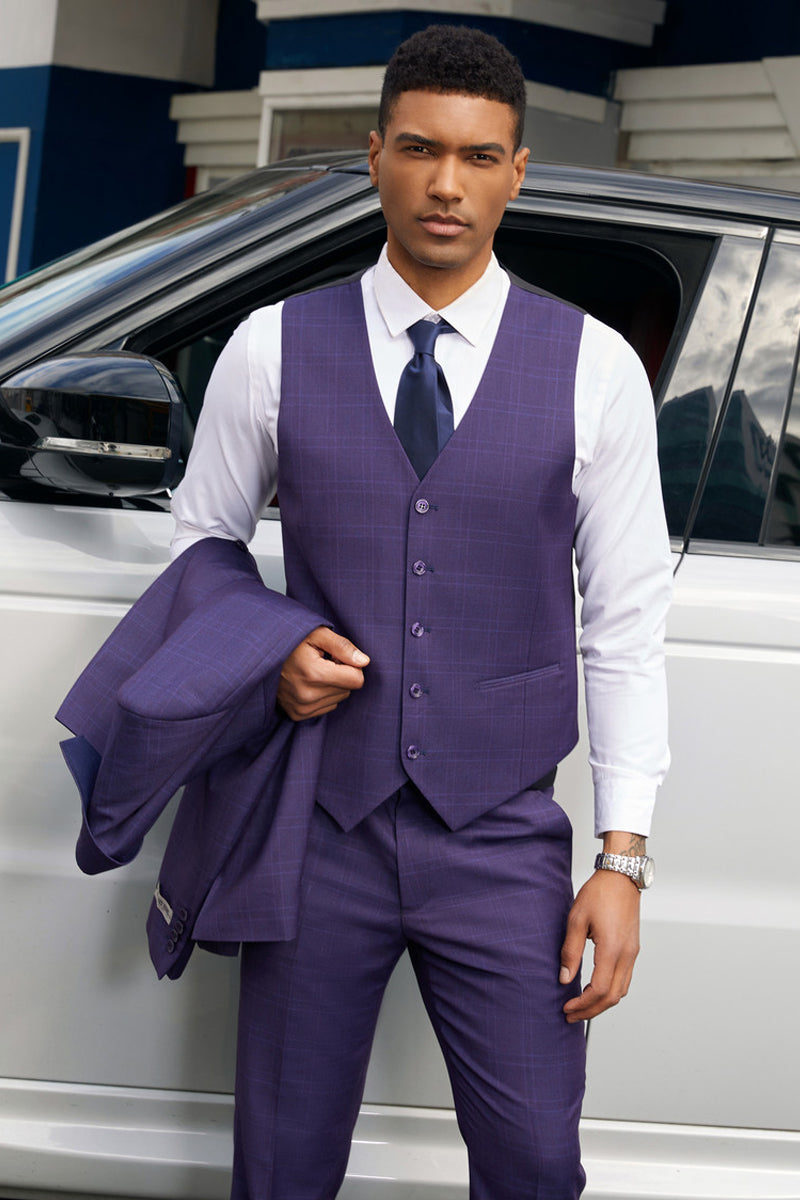 Men's Stacy Adam's Two Button Vested Business Suit in Dark Purple
