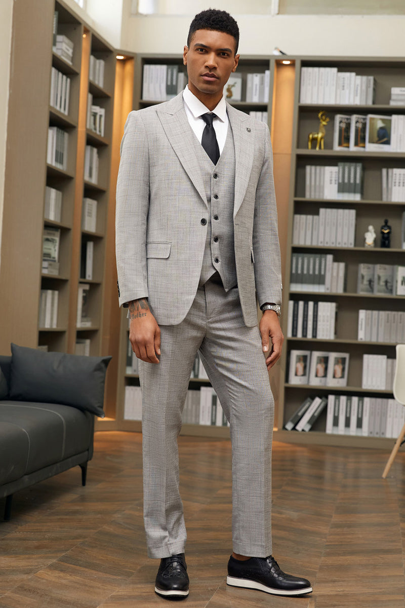 Men's One Button Stacy Adam's Peak Lapel Vested Summer Windowpane Plaid Suit in Grey
