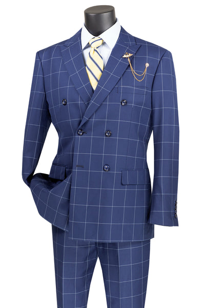 Mens Double Breasted Bold Windowpane Plaid Suit in Blue