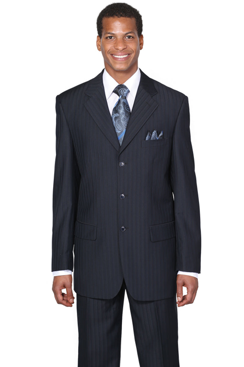 Mens Classic Fit 3 Button Tonal Pinstripe Suit in Navy Blue