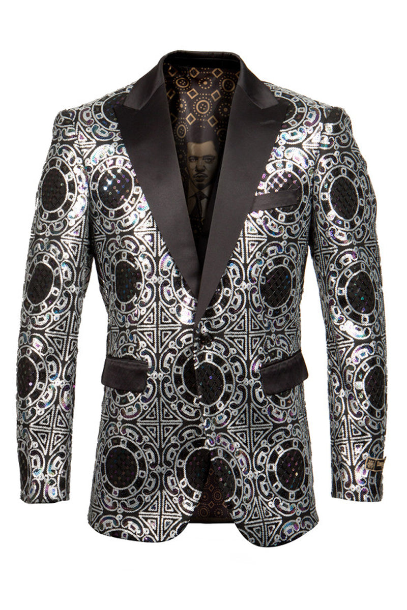 Men's Shiny Geometric Print & Diamond Prom Tuxedo Jacket in Silver ...