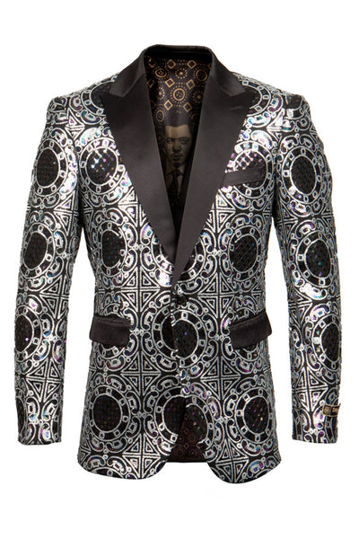 Men's Shiny Geometric Print & Diamond Prom Tuxedo Jacket in Silver