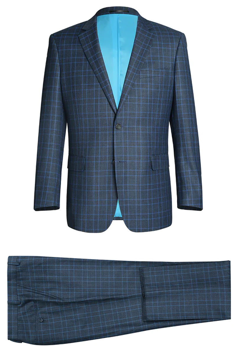 Mens Two Button Classic Fit Two Piece Suit in Blue Windowpane Plaid Check