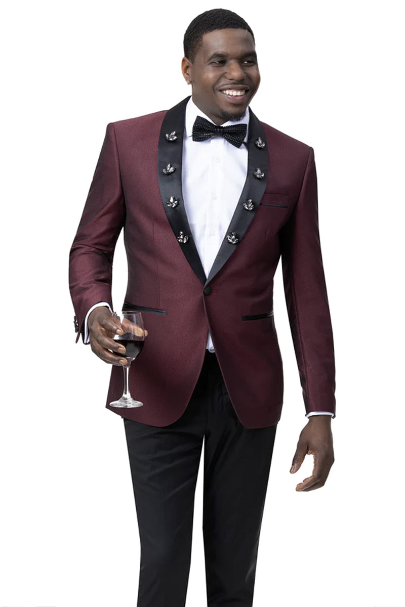 Mens One Button Shawl Tuxedo With Diamond Embelishment in Burgundy