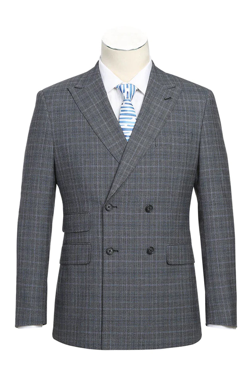 Mens English Laundry Slim Fit Double Breasted Suit in Light Grey Windowpane Plaid Check