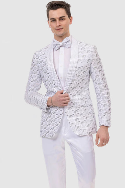 Mens Moder Silver Sequin Swirl Prom Tuxedo Jacket in White 