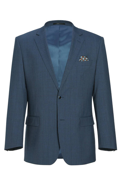 Mens Two Button Classic Fit Wool Sport Coat Blazer in Steel Blue Windowpane Plaid