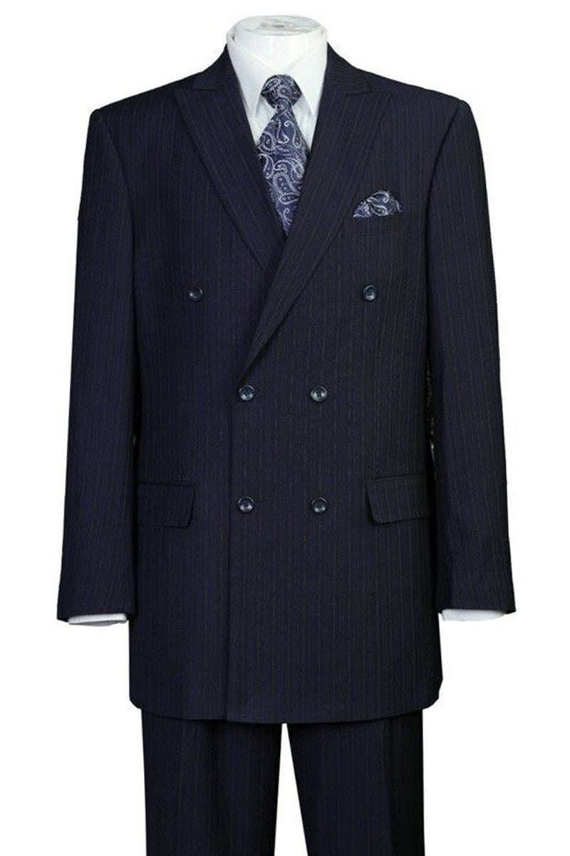 Mens Classic Double Breasted Peak Lapel Suit in Navy Blue Pinstripe ...