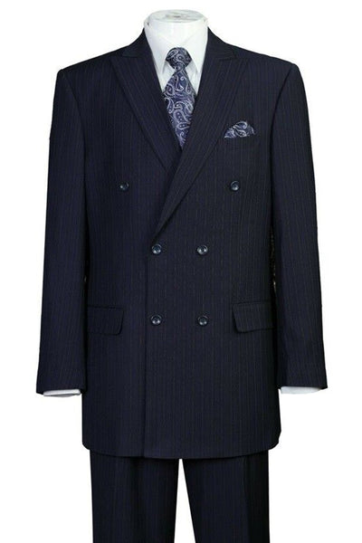 Mens Classic Double Breasted Peak Lapel Suit in Navy Blue Pinstripe